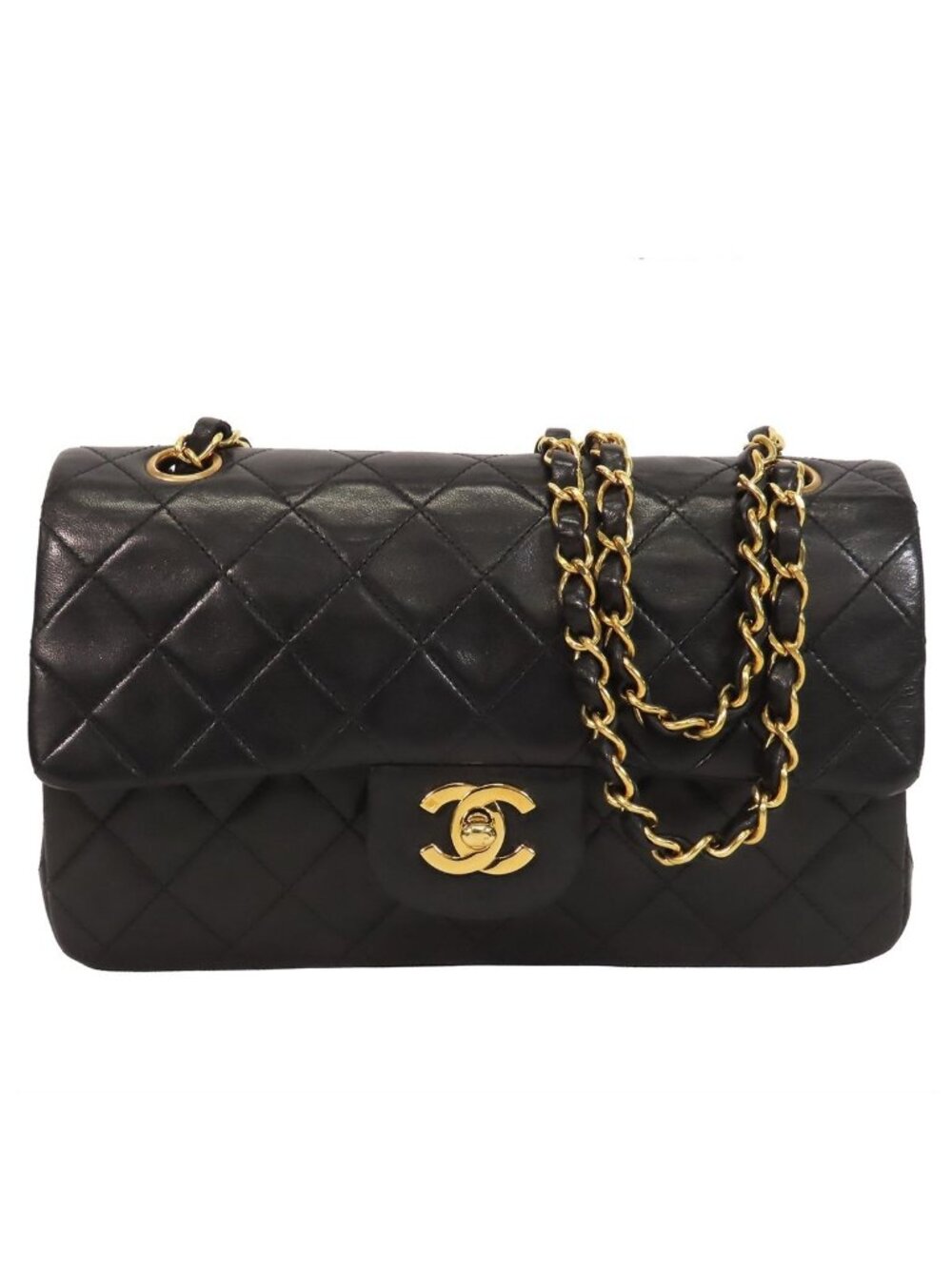 Chanel Chain Black Gold Lambskin Quilted 23 Double Flap Shoulder Bag